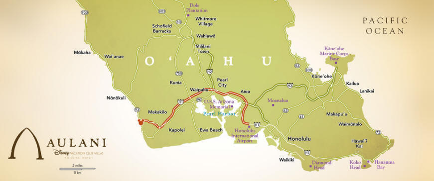 Aulani A Disney Resort and Spa - Map of O'ahu