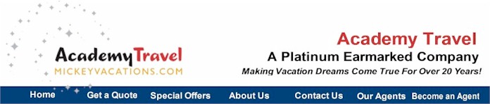 Academy Travel - Authorized Disney Vacation Planner.  Acdemy Travel has been designated as a Platinum Earmarked Travel Ageny by the Walt Disney Travel Company
