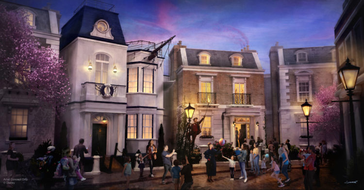 Epcot’s United Kingdom pavilion will welcome the first attraction inspired by Mary Poppins. Guests will step in time down Cherry Tree Lane past Admiral Boom’s house, then enter Number 17, home of the Banks family, where their adventure will begin. (Disney)