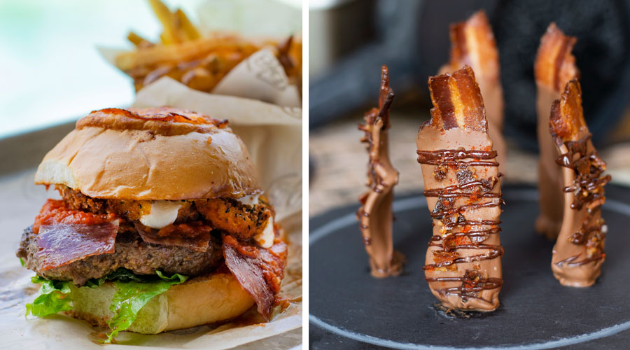 Pizza Burger from D-Luxe Burger and Temple of Bacon from Jock Lindsey’s Hangar Bar at Disney Springs